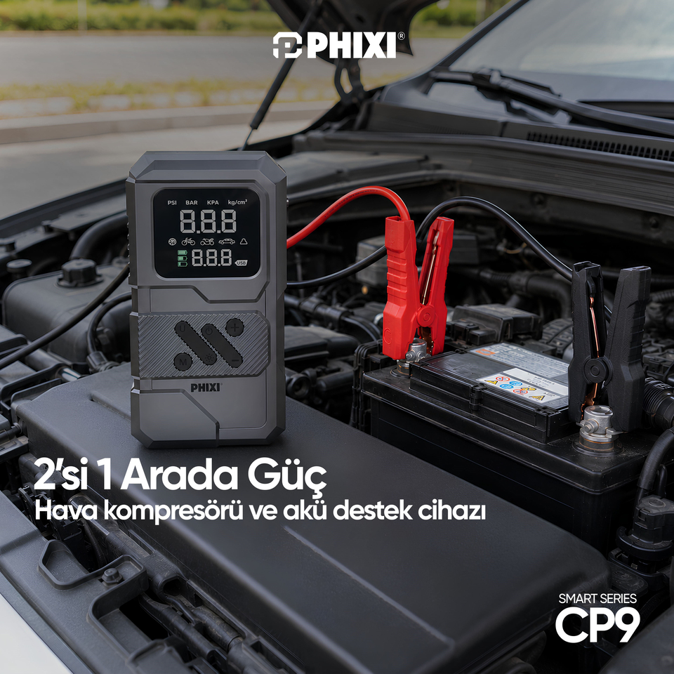 PHIXI Smart CP9 250 PSI 8000 mAh Akü Takviyeli Şarjlı Hava Kompresörü