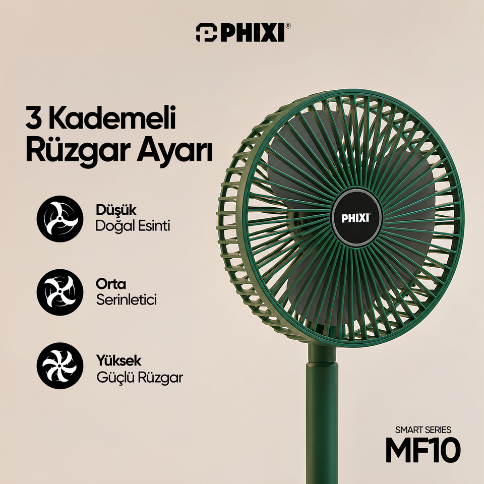 PHIXI Smart MF10 Katlanabilir 2'si 1 Arada Telefon Standlı Şarjlı Masaüstü Fan