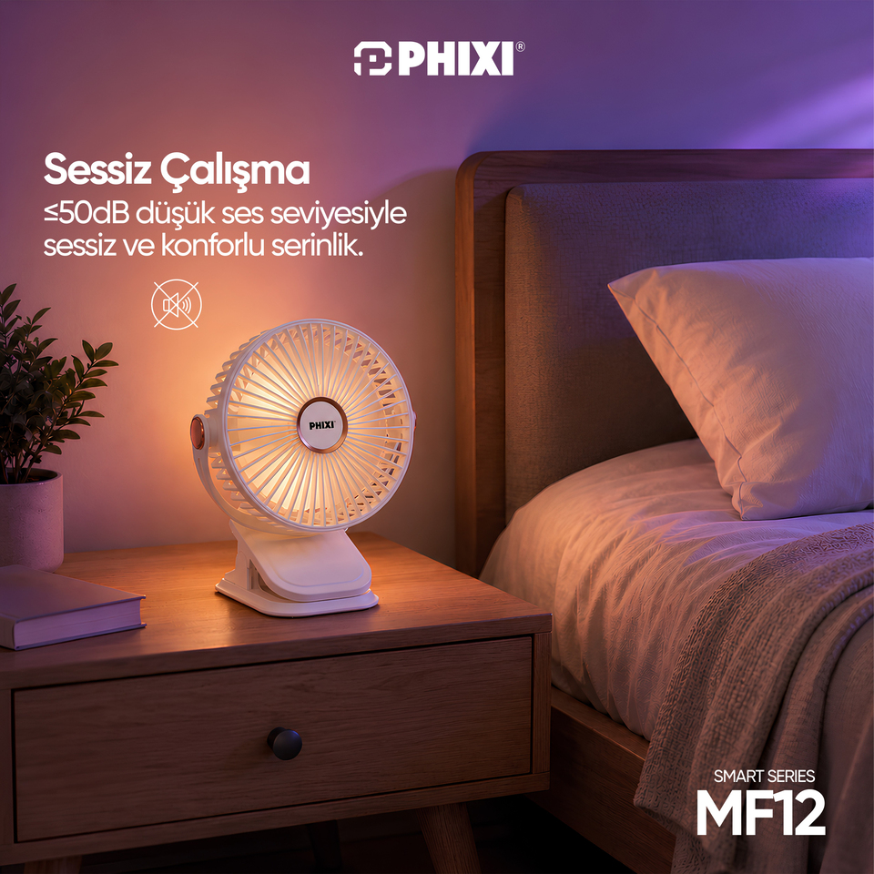 PHIXI Smart MF12 Klipsli Esnek Ambiyans Aydınlatmalı Şarjlı Mini Fan