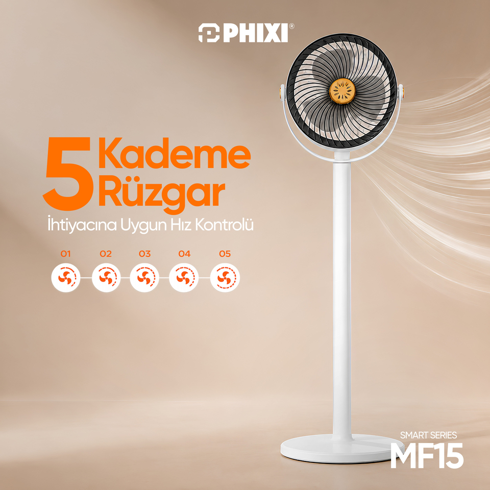 PHIXI Smart MF15 5 Hız Kademeli Ayarlanabilir Boyutlu Aroma Hazneli Şarjlı Fan
