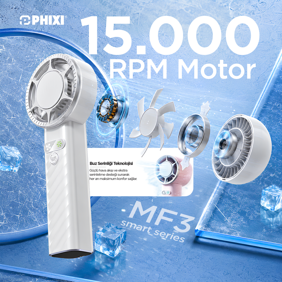 PHIXI Smart MF3 3000 mAh 1500 RPM 4 Kademeli Şarjlı Taşınabilir El Fanı