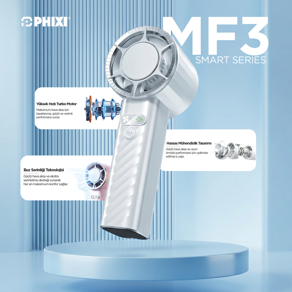 PHIXI Smart MF3 3000 mAh 1500 RPM 4 Kademeli Şarjlı Taşınabilir El Fanı