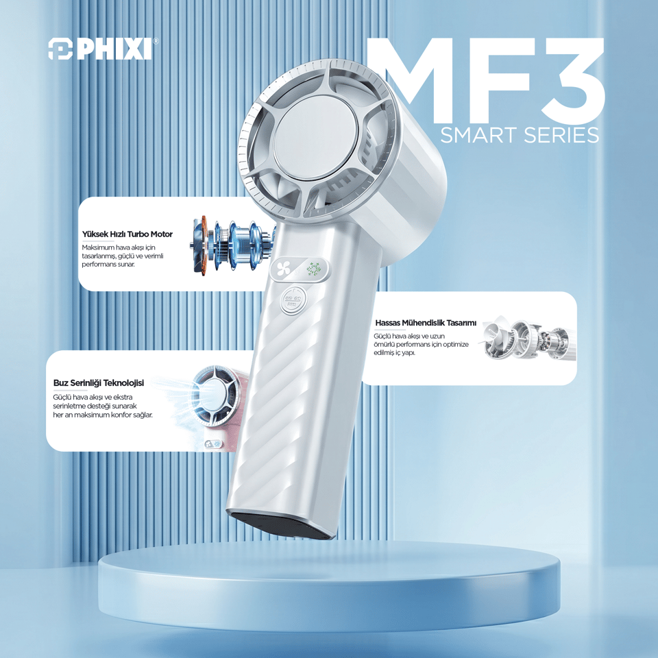PHIXI Smart MF3 3000 mAh 1500 RPM 4 Kademeli Şarjlı Taşınabilir El Fanı