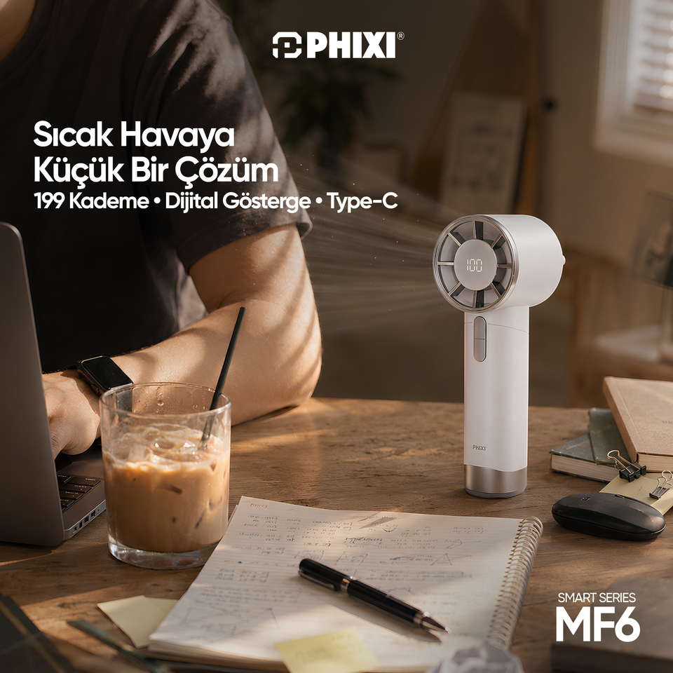 PHIXI Smart MF6 199 Kademeli Dijital Göstergeli Şarjlı Taşınabilir Mini Fan