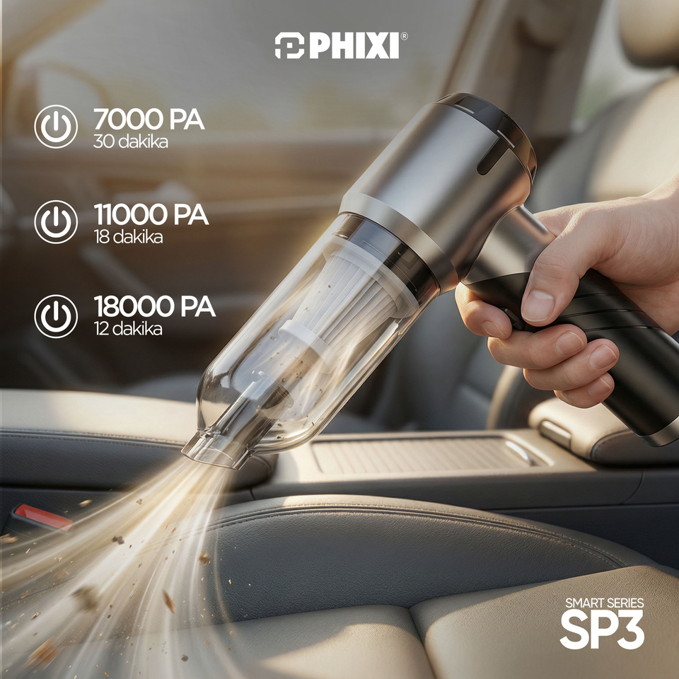 PHIXI Smart SP3 18000 Pa 2'si 1 Arada Üfleme ve Süpürme Şarjlı Araç Süpürgesi