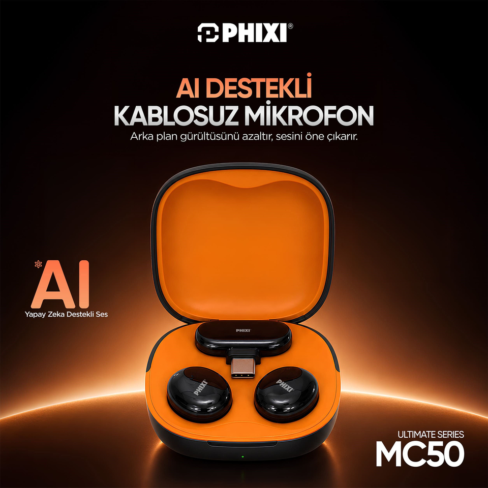 PHIXI Ultimate MC50 Yapay Zeka Destekli ANC Kablosuz Yaka Mikrofonu