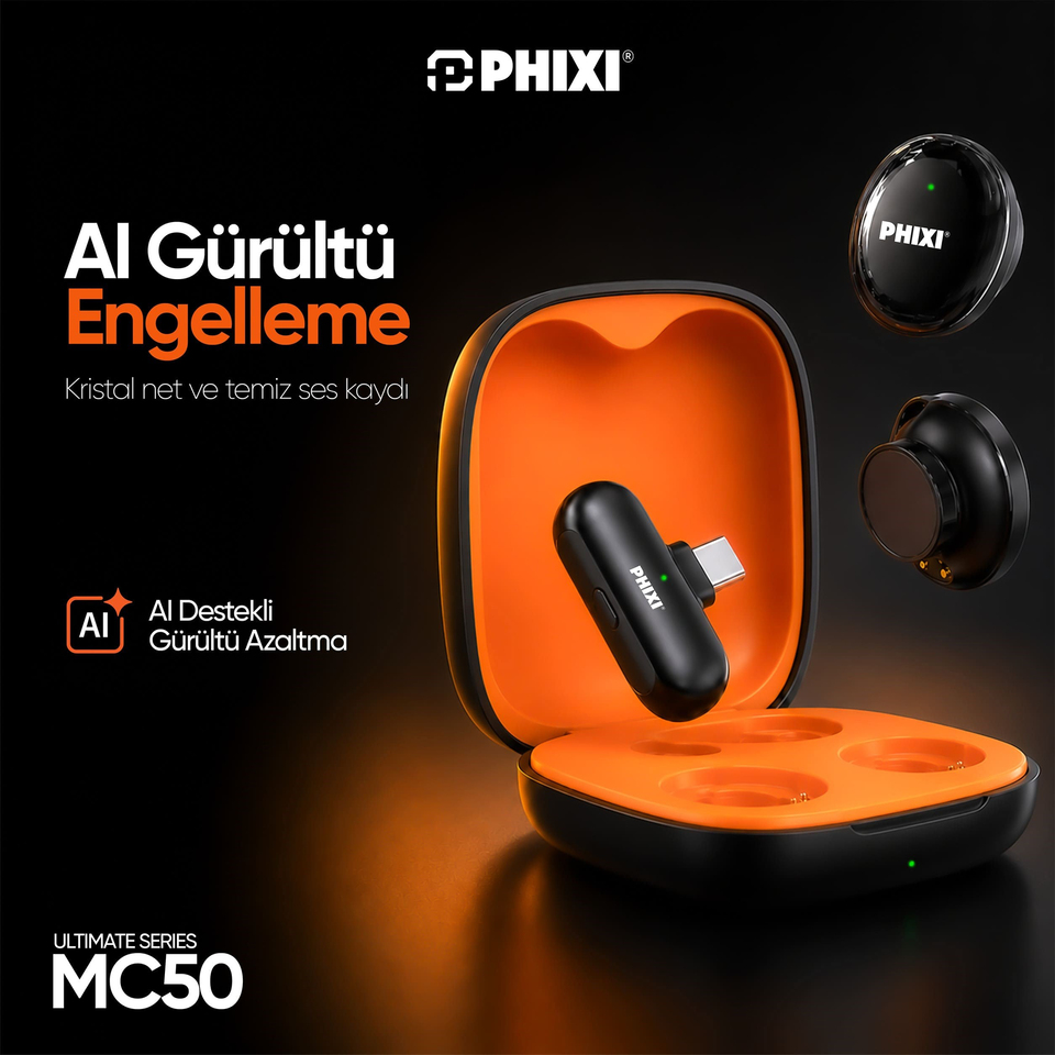 PHIXI Ultimate MC50 Yapay Zeka Destekli ANC Kablosuz Yaka Mikrofonu