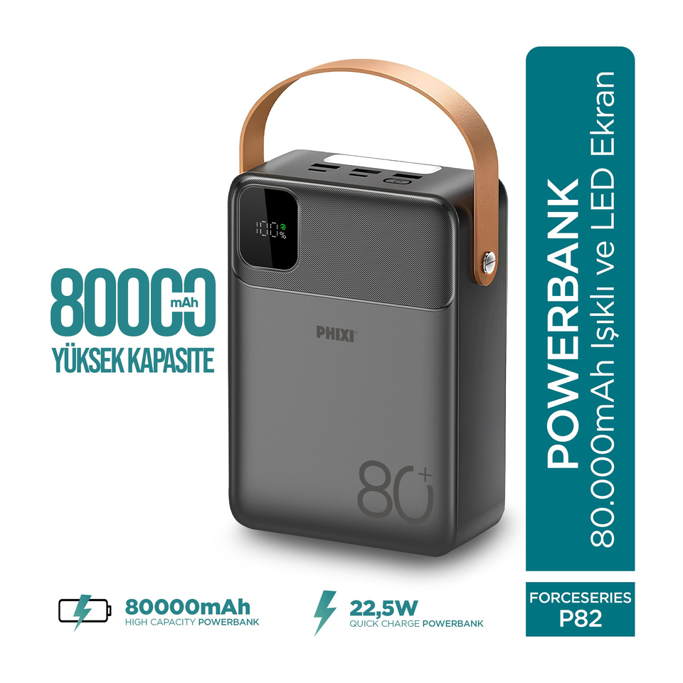 PHIXI Ultimate P82 - 80000mAh - Hızlı Şarj - Işıklı - LCD Ekranlı - Dahili Kablolu - Powerbank