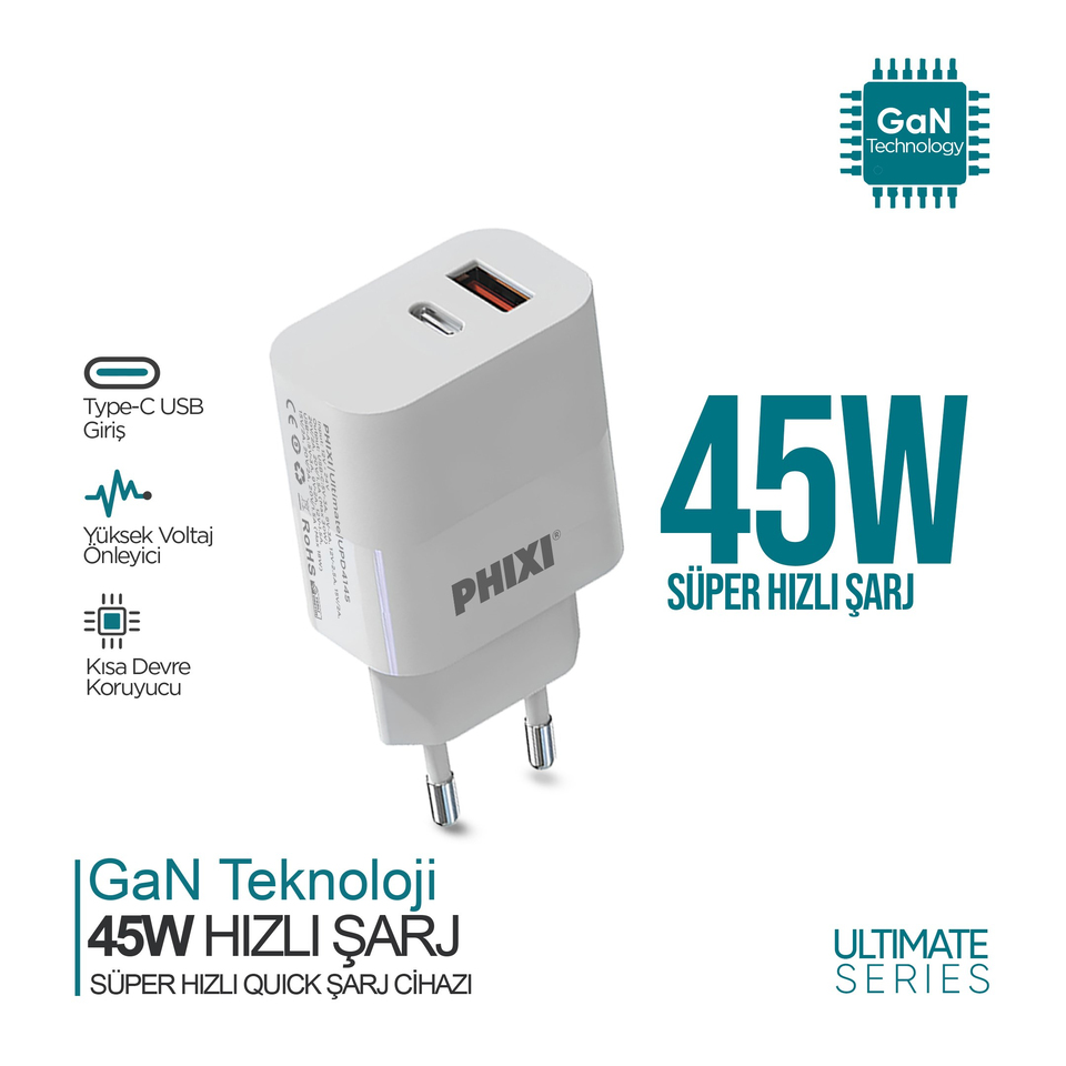 PHIXI Ultimate Serisi UPD4145 45W GaN PD + USB Hızlı Şarj Adaptörü