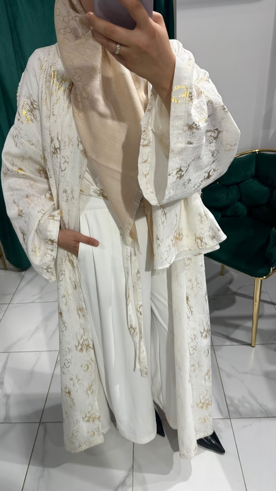 İTHAL KETEN TASARIM ABAYA SETİ BEYAZ