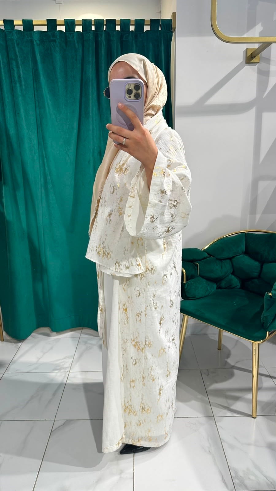 İTHAL KETEN TASARIM ABAYA SETİ BEYAZ
