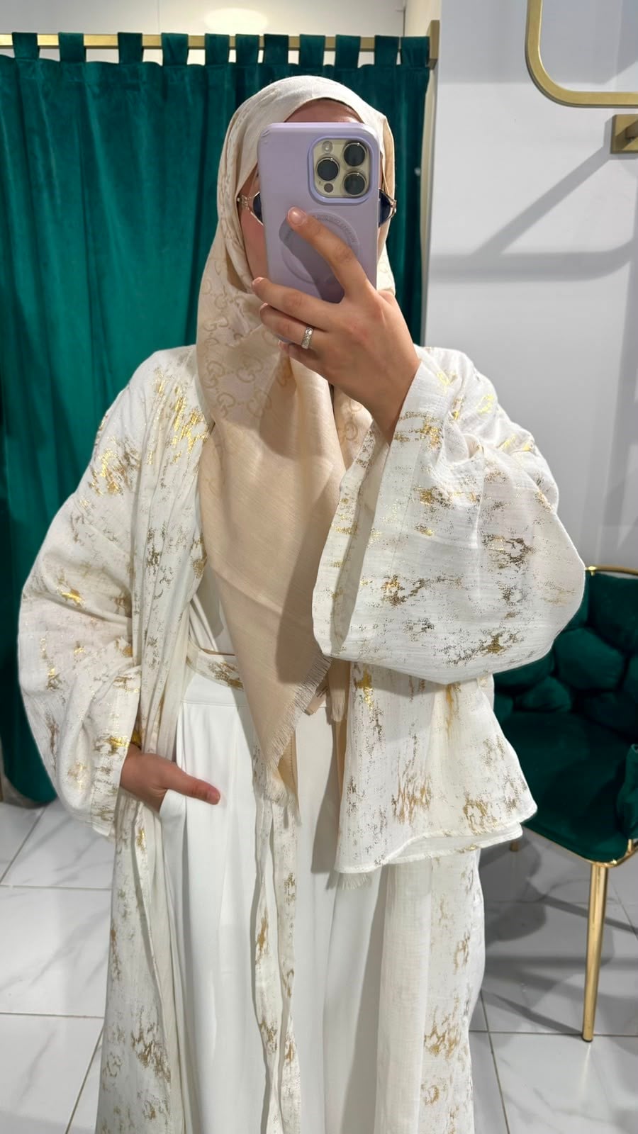 İTHAL KETEN TASARIM ABAYA SETİ BEYAZ