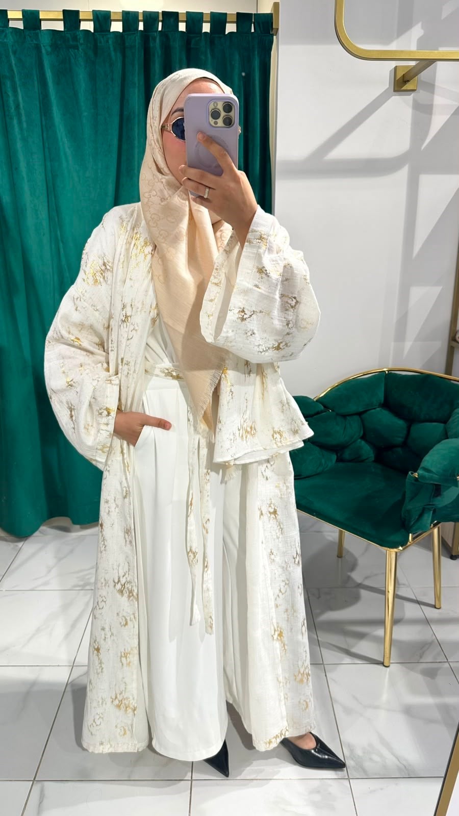 İTHAL KETEN TASARIM ABAYA SETİ BEYAZ