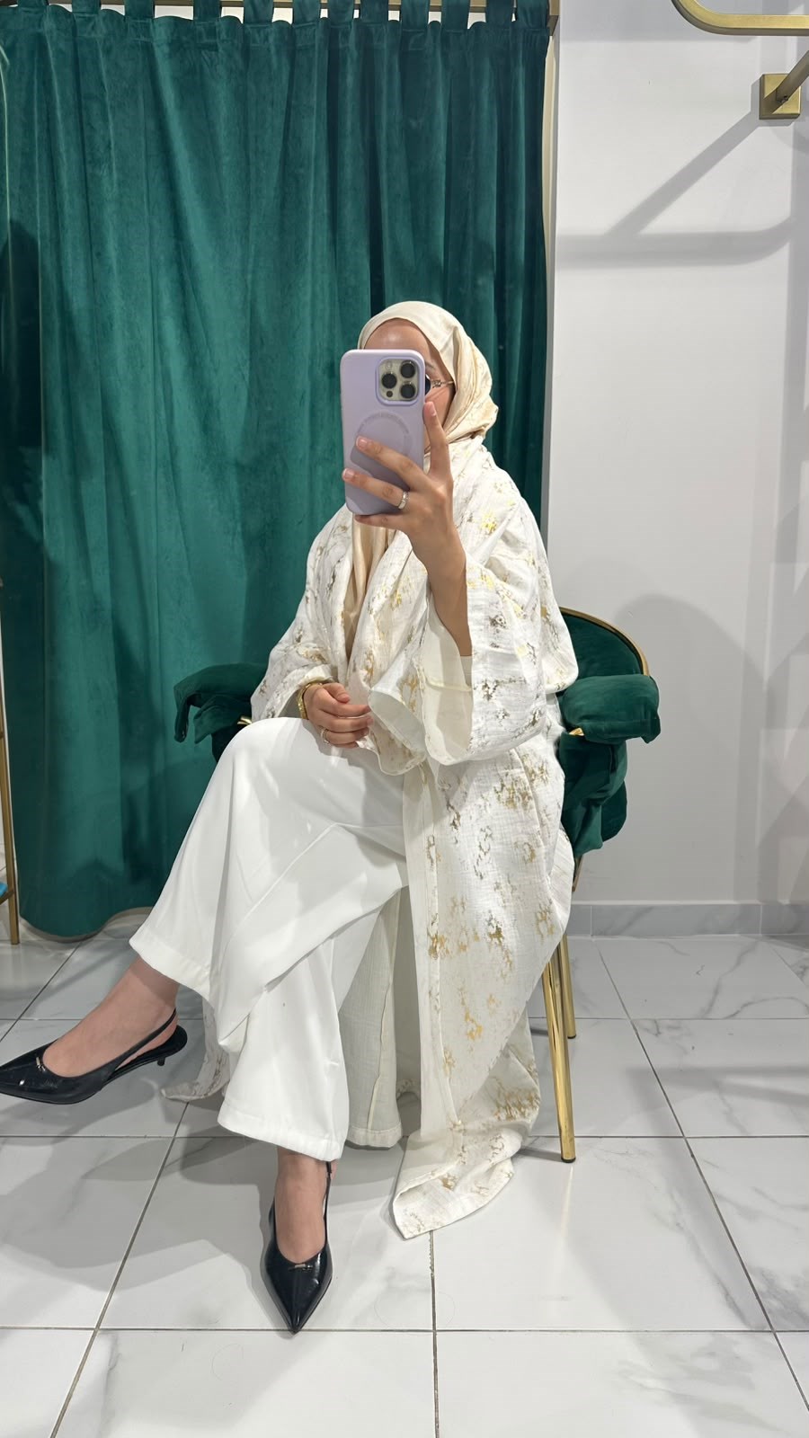 İTHAL KETEN TASARIM ABAYA SETİ BEYAZ