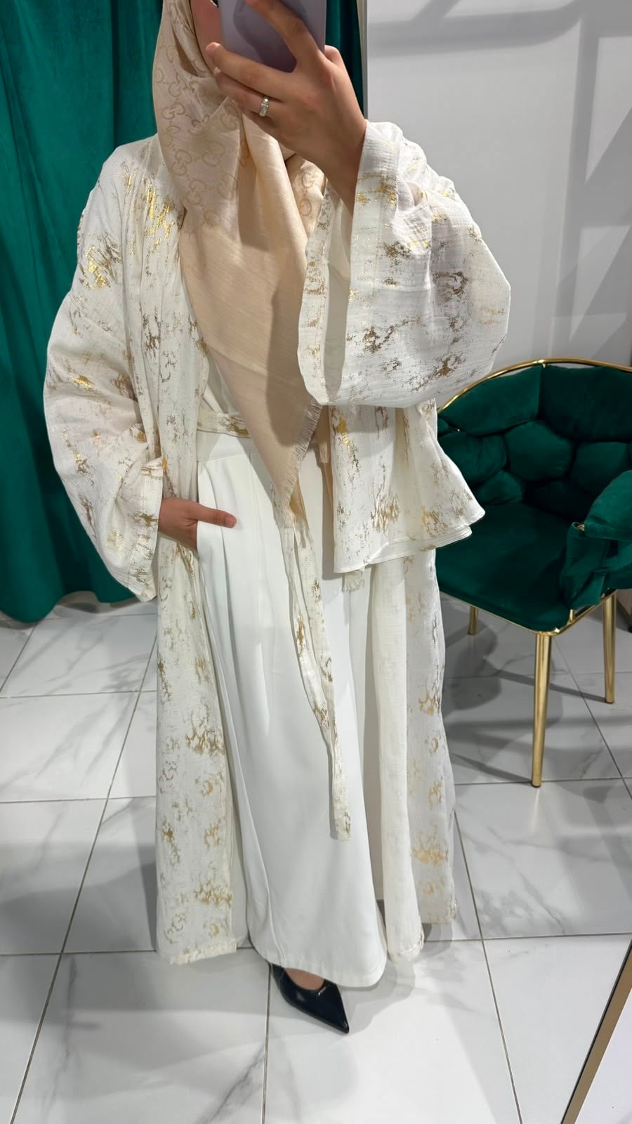 İTHAL KETEN TASARIM ABAYA SETİ BEYAZ