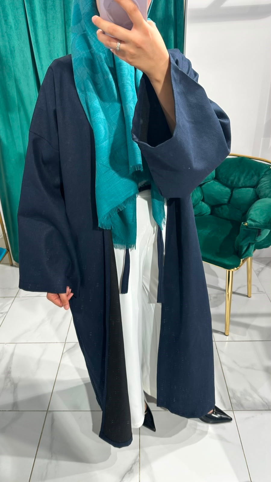 İTHAL KETEN TASARIM ABAYA SETİ LACİVERT
