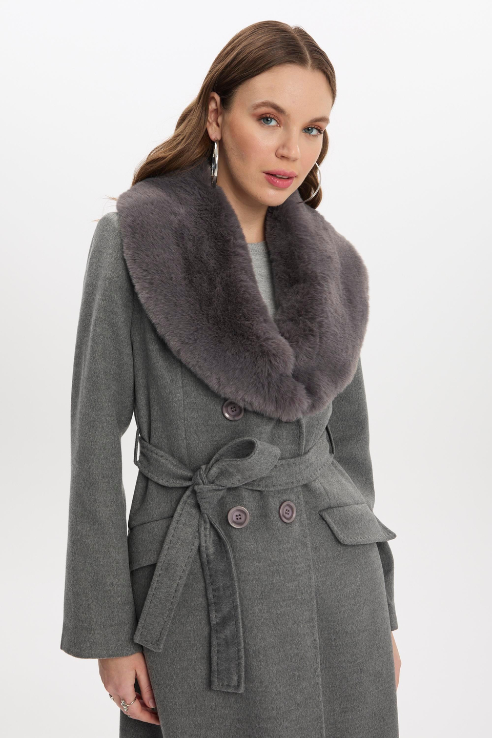 Kürk Detaylı Kaban Gri 12358