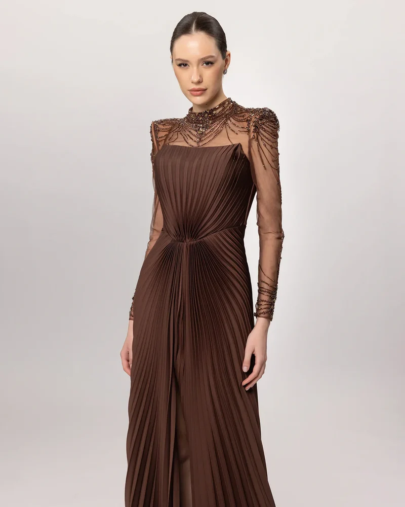 KENZEL Taş İşlemeli Piliseli Uzun Kollu Abiye Elbise