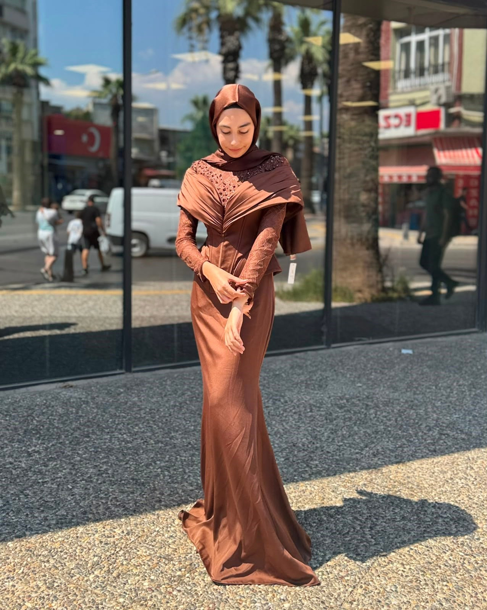 KENZEL Uzun Kollu Taş İşlemeli Drapeli  Abiye