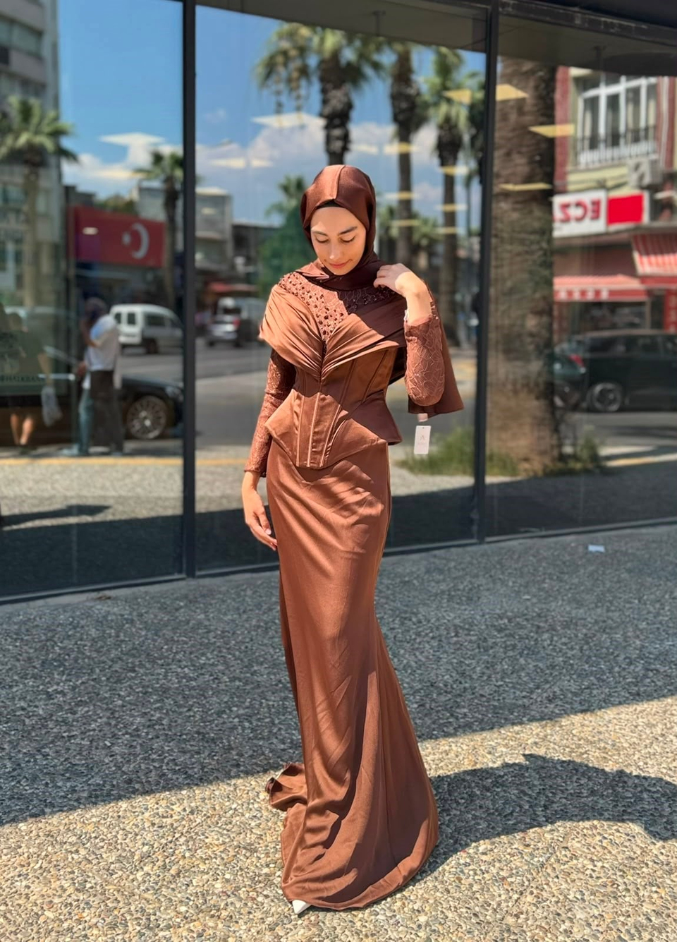 KENZEL Uzun Kollu Taş İşlemeli Drapeli  Abiye