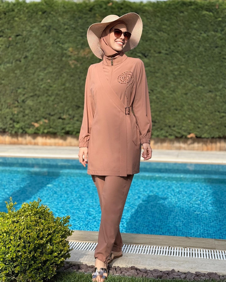 MOODBASİC SWİMWEAR ANVELOP DETAYLI TAŞLI TESETTÜR MAYO