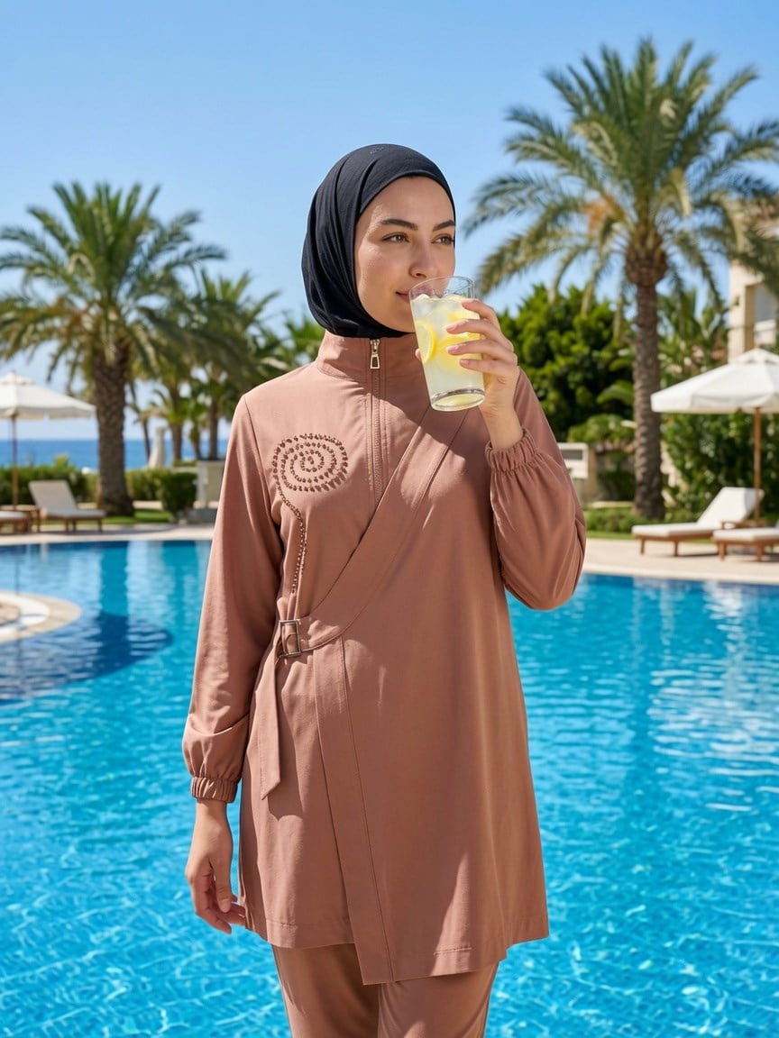 MOODBASİC SWİMWEAR ANVELOP DETAYLI TAŞLI TESETTÜR MAYO