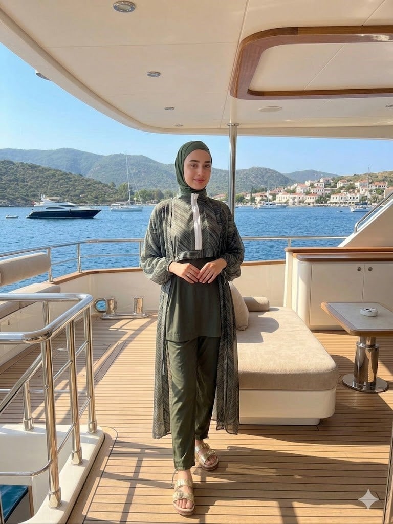 MOODBASİC SWİMWEAR ÇİZGİ DETAYLI PAREOLU TESETTÜR MAYO