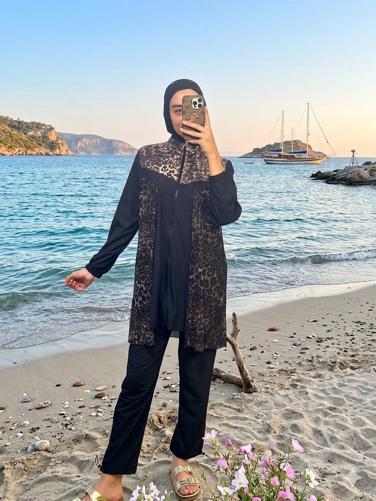 MOODBASİC SWİMWEAR LEOPAR PAYETLİ TÜLLÜ TESETTÜR MAYO