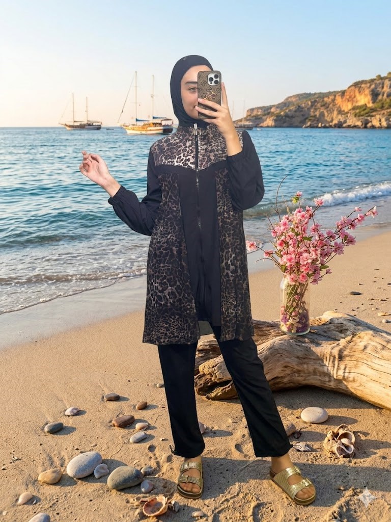 MOODBASİC SWİMWEAR LEOPAR PAYETLİ TÜLLÜ TESETTÜR MAYO