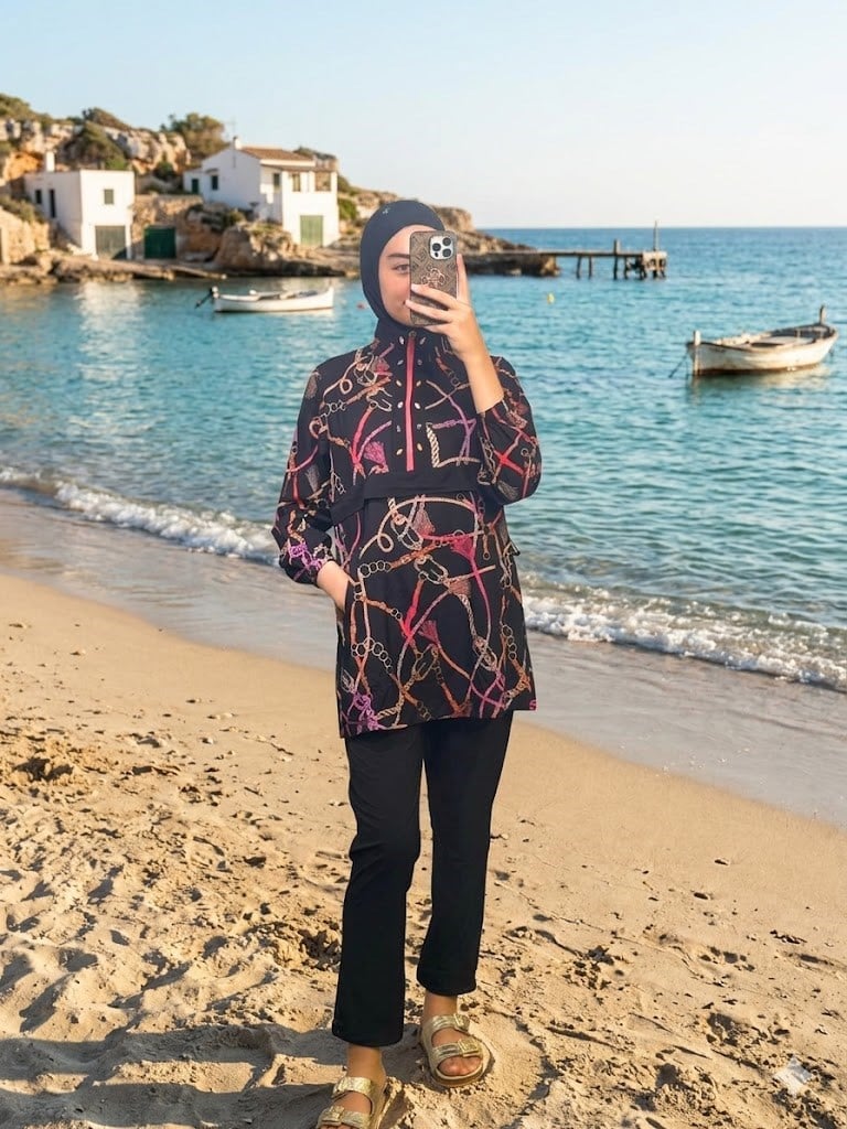 MOODBASİC SWİMWEAR PÜSKÜL ZİNCİR DESENLİ TESETTÜR MAYO