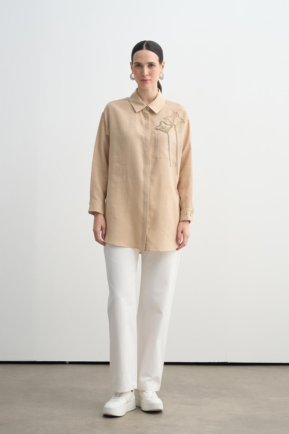 MOODBASIC TAŞ İŞLEMELİ BAMBU KETEN GÖMLEK