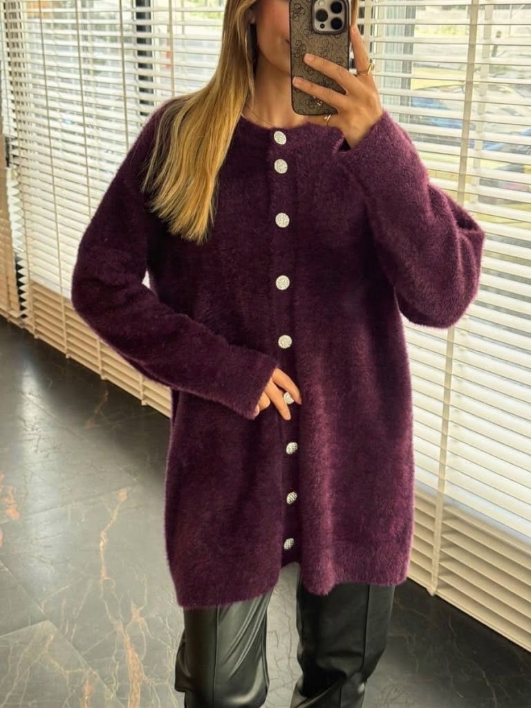 MOODBASİC Taşlı Düğmeli Angora Triko Hırka