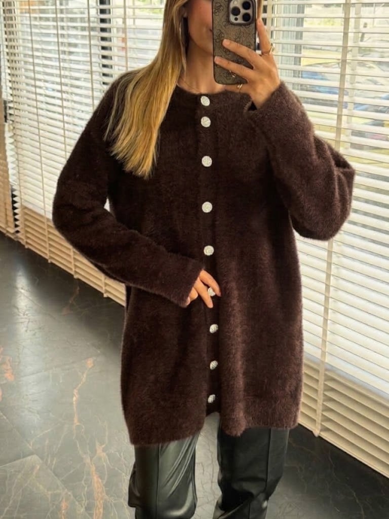 MOODBASİC Taşlı Düğmeli Angora Triko Hırka