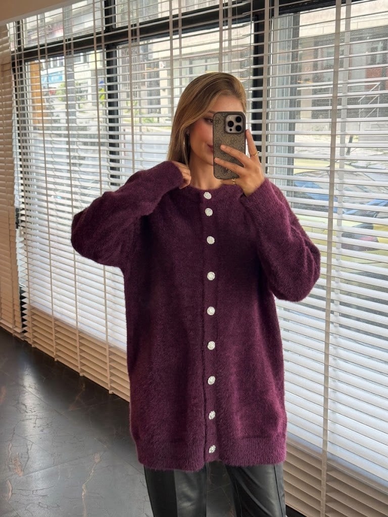 MOODBASİC Taşlı Düğmeli Angora Triko Hırka