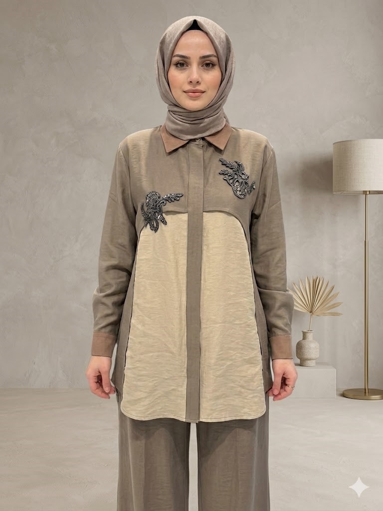 NURE RENK GEÇİŞLİ GÜPÜR APLİK PANTOLONLU TAKIM
