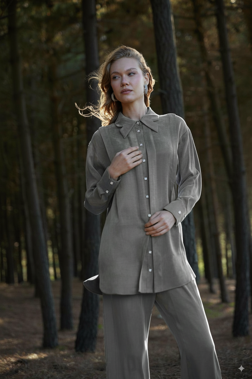Premium By Moodbasic YAKA DETAYLI TAŞLANMIŞ İPEK TAKIM
