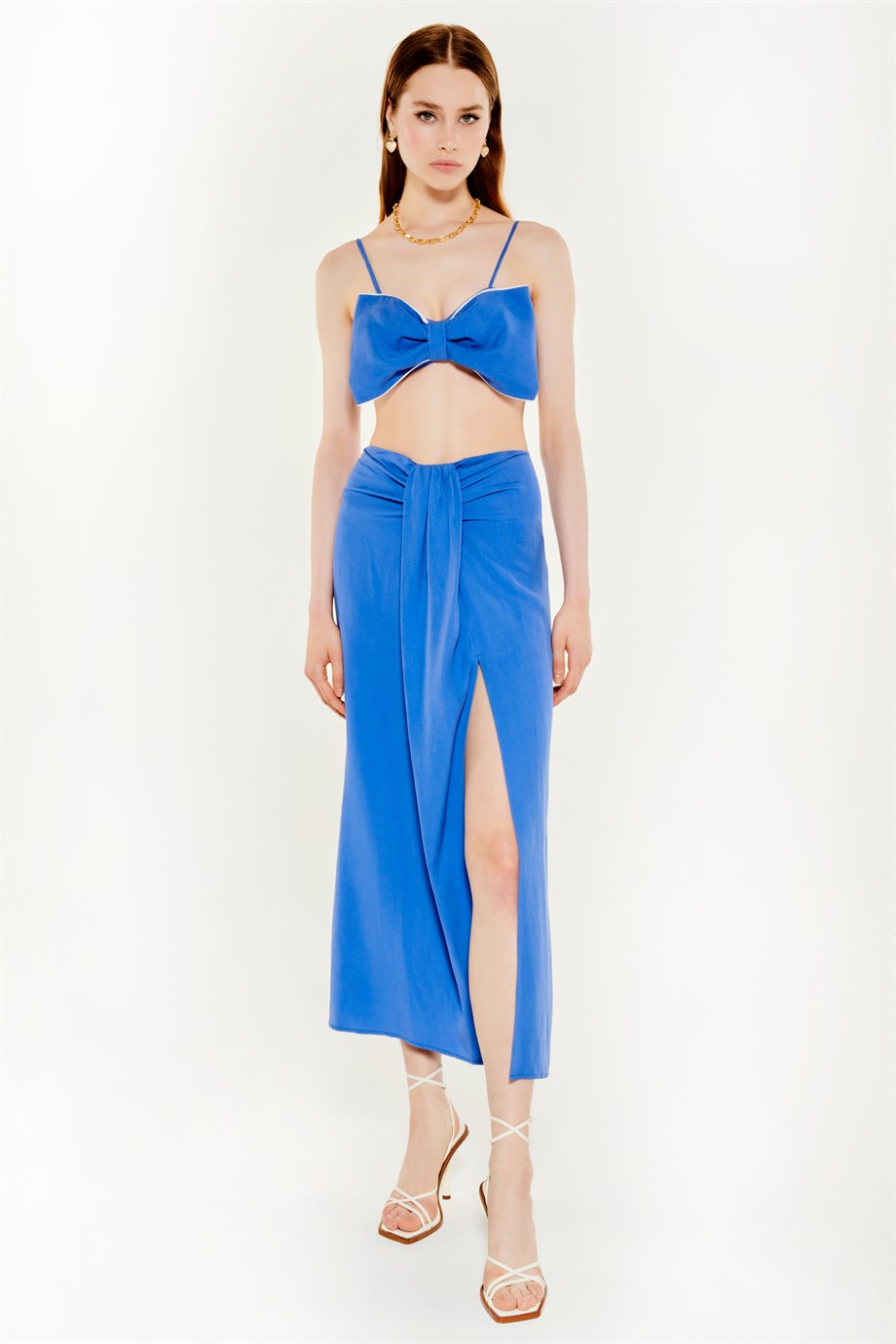 Draped Slit Maxi Skirt in Blue