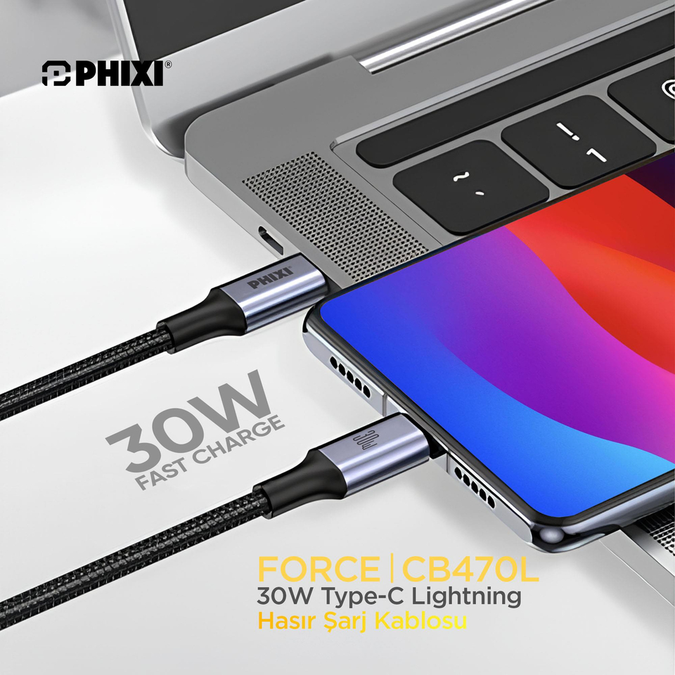 Force Serisi CB470L Type-C to Lightning Hasır Siyah Kablo – 1 Metre, 15W Metal Uçlu