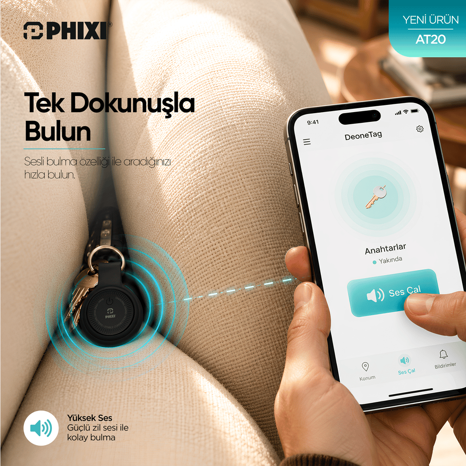 PHIXI AT20 Akıllı Eşya Bulucu Takip Etiketi – Uygulama Kontrollü Anahtarlık Tipi