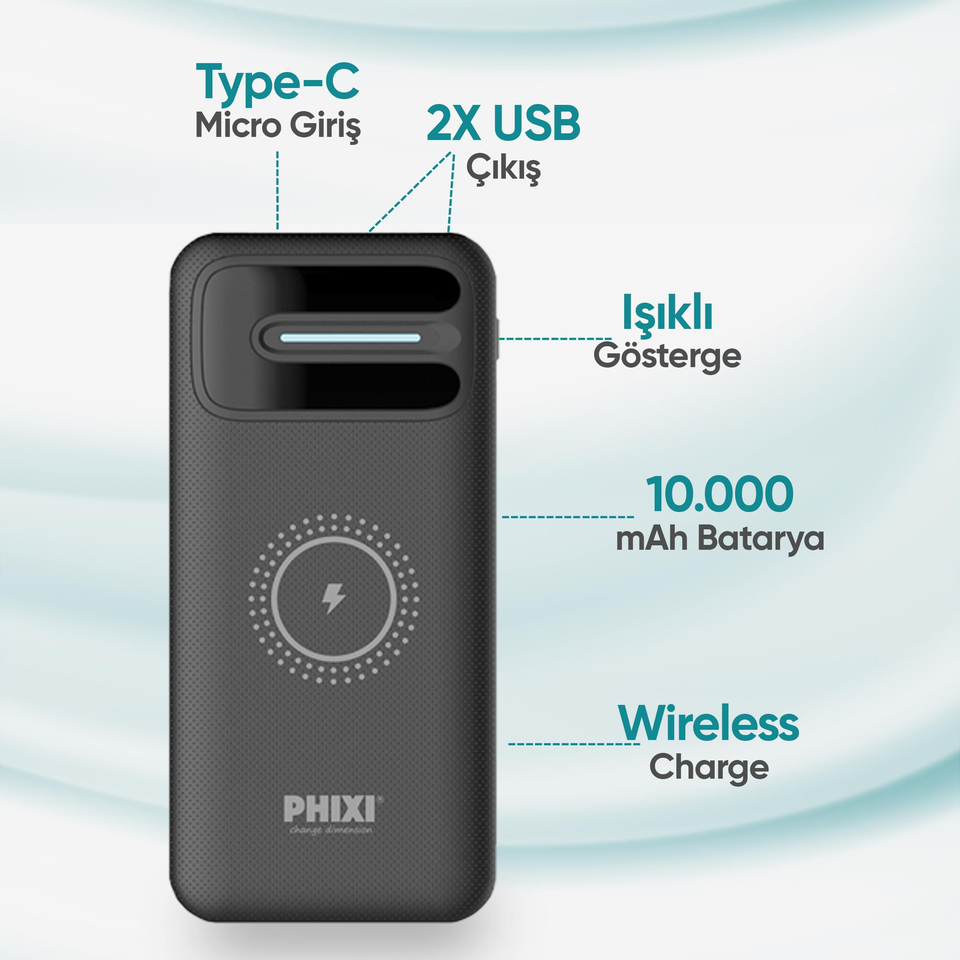 Phixi Basic PW11 10.000mAh Wireless Şarj Çift Çıkışlı Led Göstergeli Powerbank