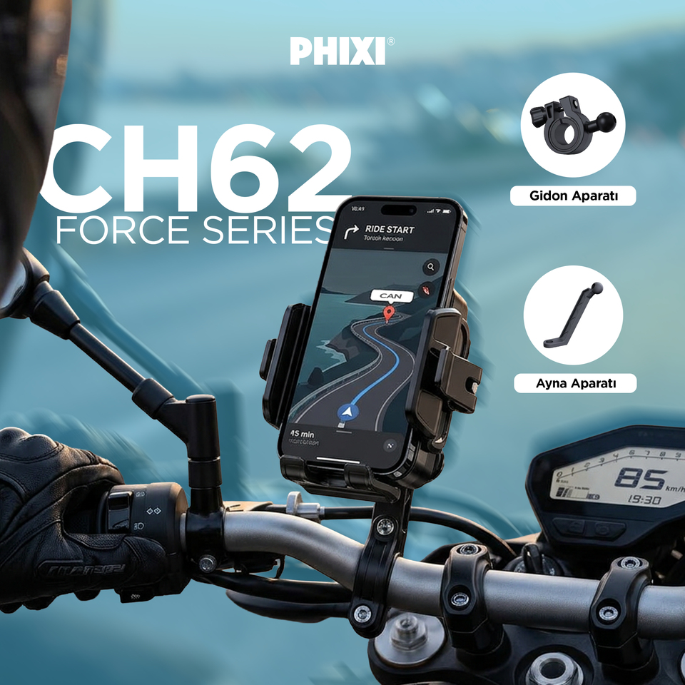 PHIXI Force CH62 Anti-Vibrasyonlu Motosiklet Telefon Tutucu 360° Döner Dikiz Ayna Bağlantılı Stand