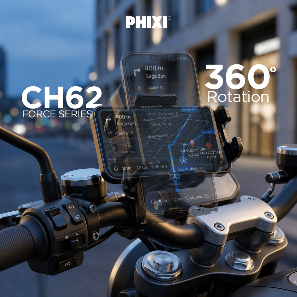 PHIXI Force CH62 Anti-Vibrasyonlu Motosiklet Telefon Tutucu 360° Döner Dikiz Ayna Bağlantılı Stand