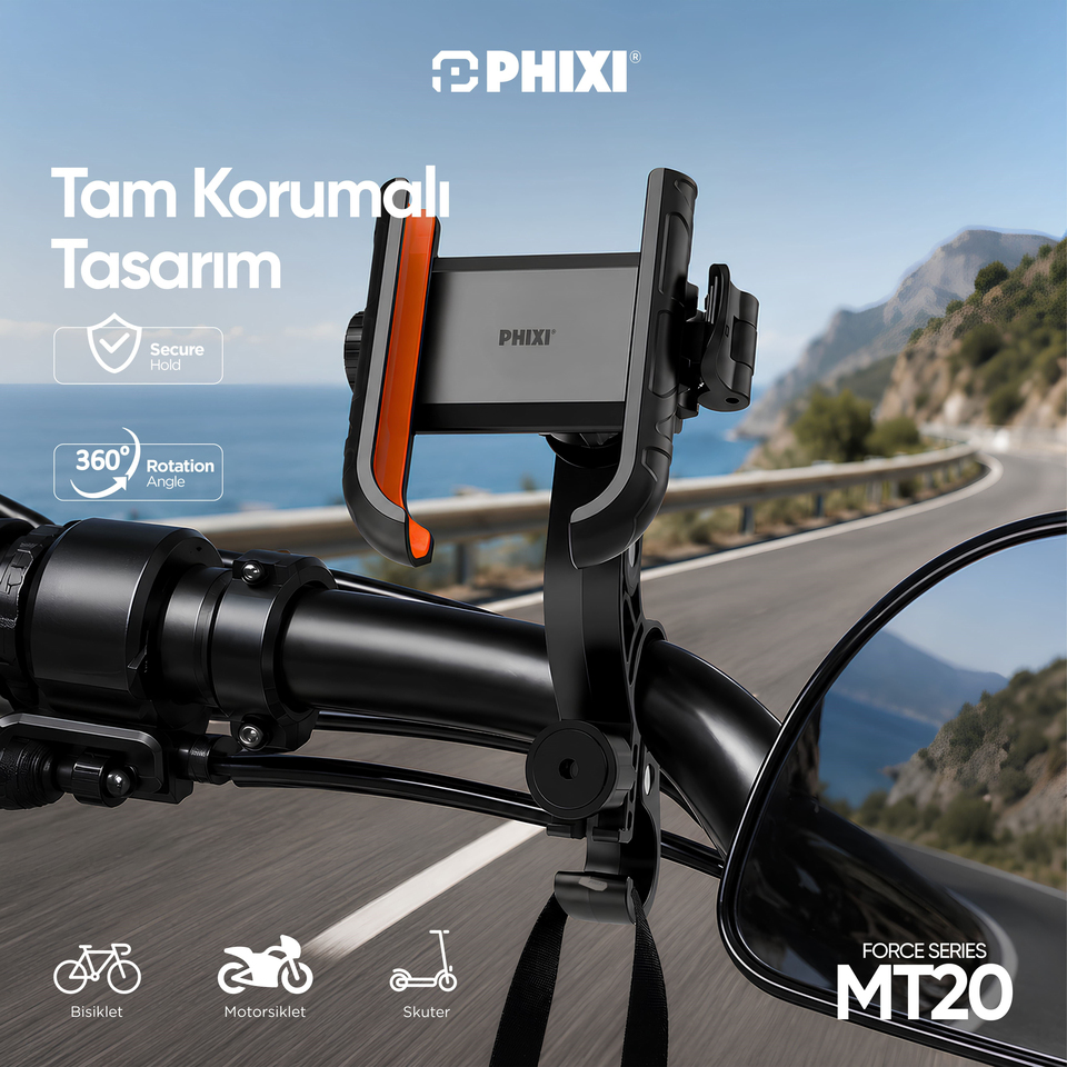 PHIXI Force MT20 360° Döner Çift Montajlı Motosiklet ve Bisiklet Telefon Tutucu