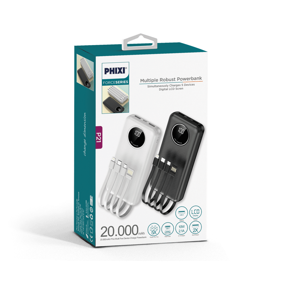 Phixi Force P21 LED Ekranlı Micro Lightning Type-C ve USB-A Kablolu 20.000mAh Powerbank
