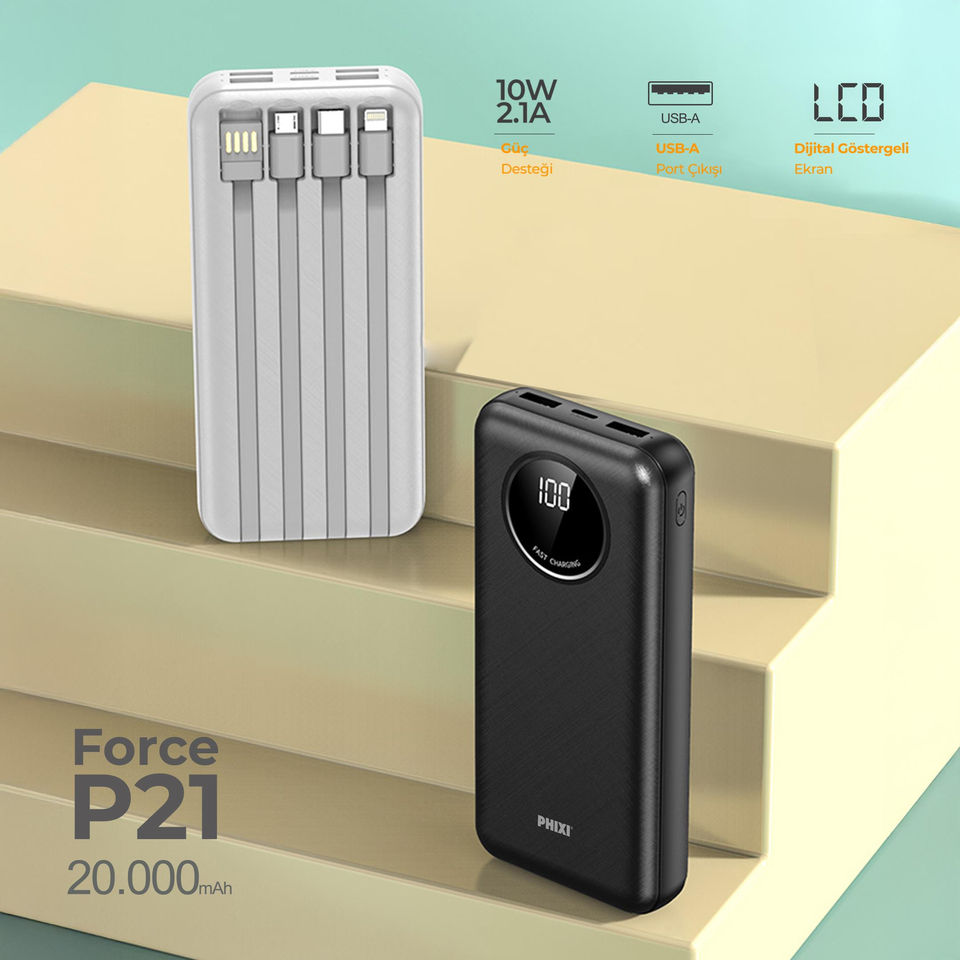 Phixi Force P21 LED Ekranlı Micro Lightning Type-C ve USB-A Kablolu 20.000mAh Powerbank