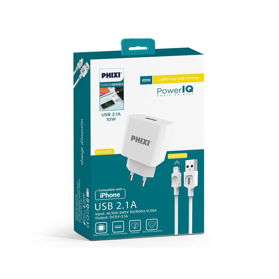 Phixi Force PCH251L Lightning USB Power IQ 10W / 2.1A Kablolu Şarj Cihazı