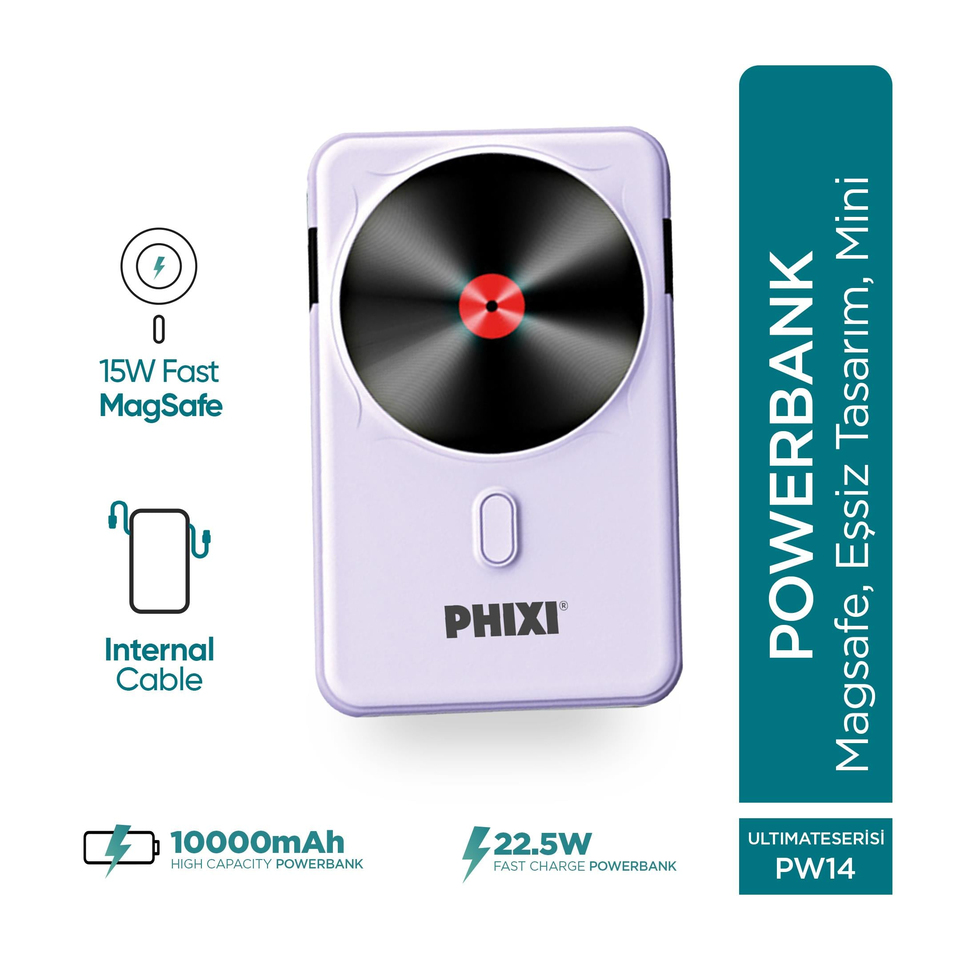 Phixi Force PW14 10000mAh 22.5W Kendinden Kablolu MagSafe Powerbank - Kablosuz Mini Şarj Cihazı - 1 PD Port - Dijital Ekran - Taşınabilir Şarj Cihazı