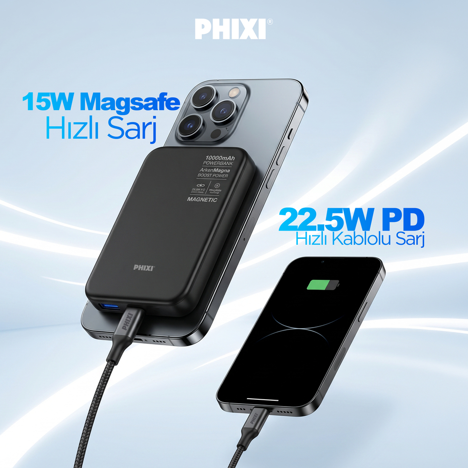 Phixi Force PW35 MagSafe Powerbank 10000mAh 22.5W Hızlı Şarj