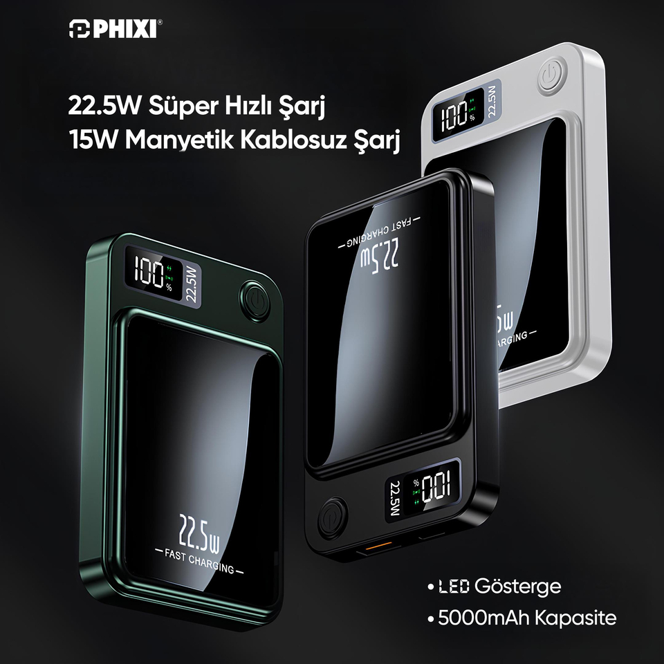 Phixi Force PW5 5000mAh 22.5W MagSafe Powerbank  - Kablosuz Mini Şarj Cihazı - 1 USB 1 PD Port - Dijital Ekran - Taşınabilir Şarj Cihazı