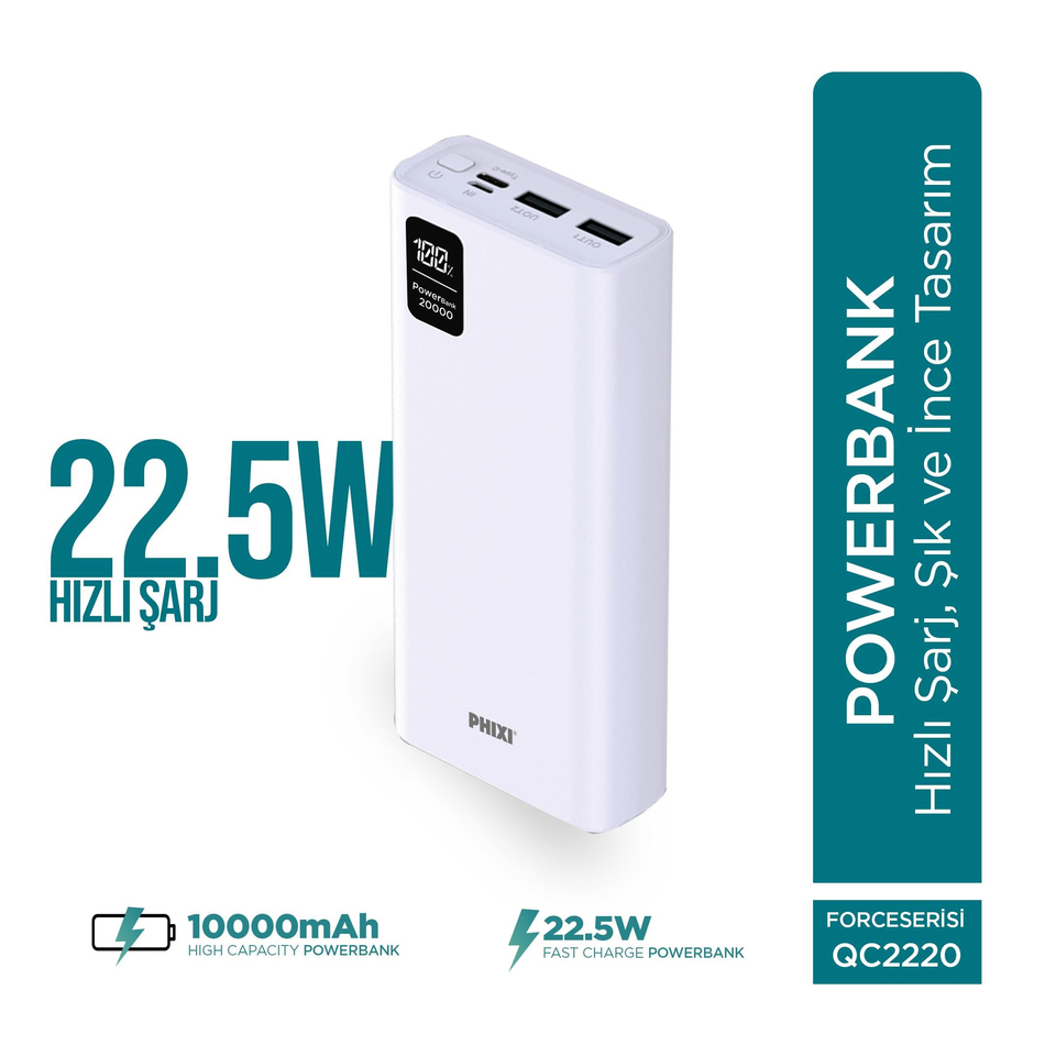 Phixi Force QC2220 20000mAh 22.5W Hızlı Şarj Cihazı  - Fast Powerbank - 2 USB 1 PD Port - Dijital Ekran - Taşınabilir Şarj Cihazı